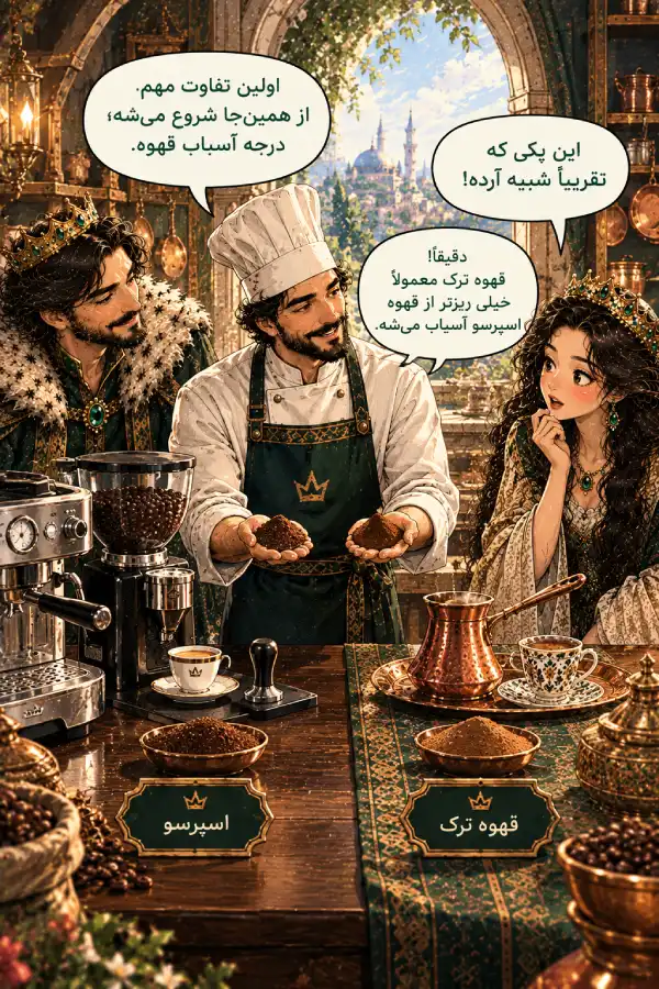 تفاوت قهوه اسپرسو و ترک | مقایسه کامل طعم، کافئین، آسیاب و روش تهیه